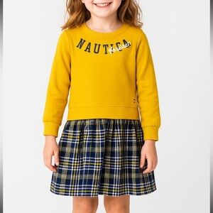 Nautica -Girls’ Sweatshirt Dress Yellow & Plaid, Long Sleeve, Preppy Style